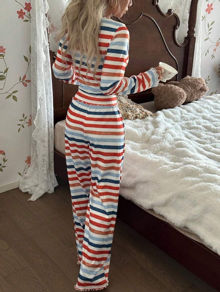 SHEIN ZzzCrew طقم بيجامة 2 قطعة بلوزة بأكمام طويلة وبنطلون