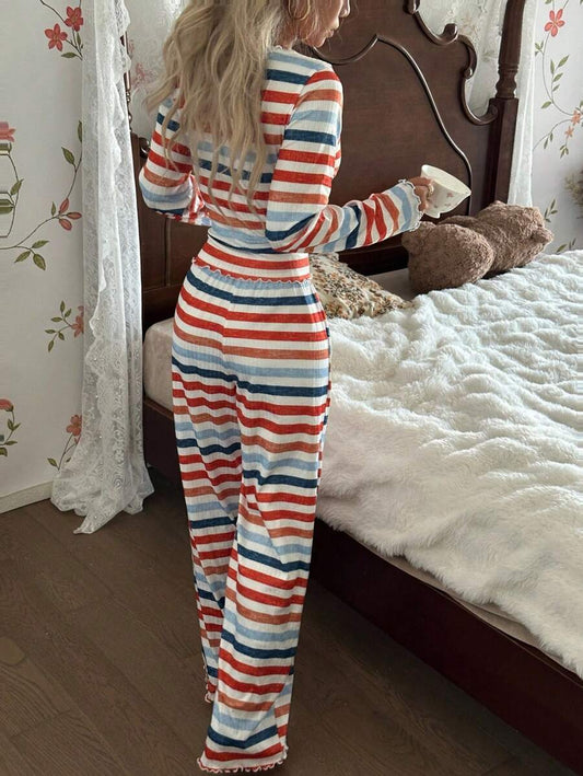 SHEIN ZzzCrew طقم بيجامة 2 قطعة بلوزة بأكمام طويلة وبنطلون