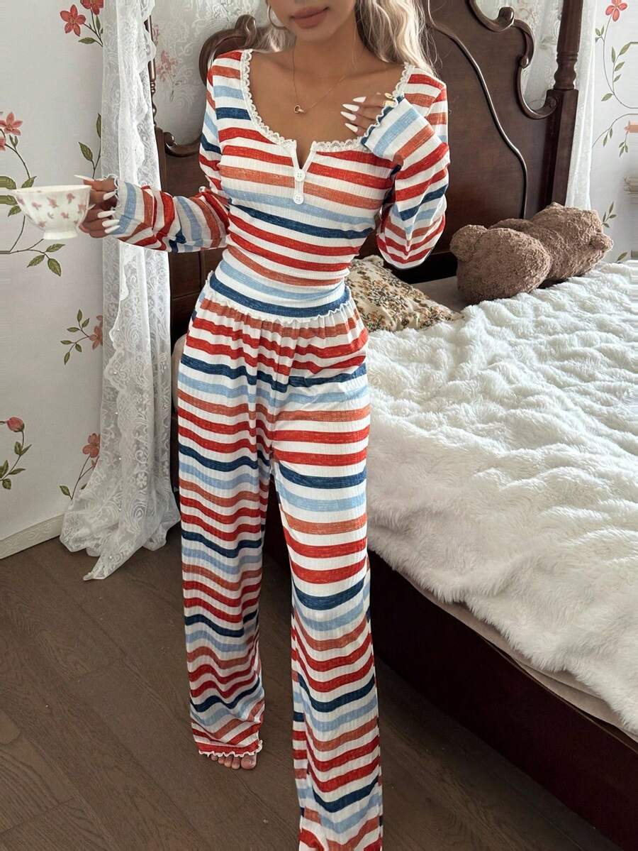 SHEIN ZzzCrew طقم بيجامة 2 قطعة بلوزة بأكمام طويلة وبنطلون