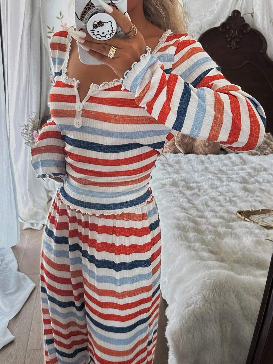 SHEIN ZzzCrew طقم بيجامة 2 قطعة بلوزة بأكمام طويلة وبنطلون