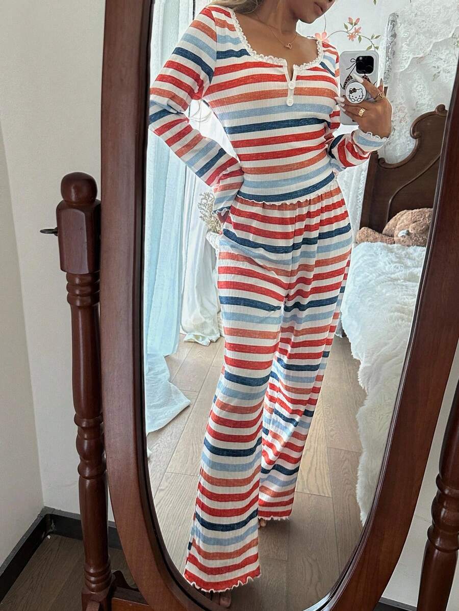 SHEIN ZzzCrew طقم بيجامة 2 قطعة بلوزة بأكمام طويلة وبنطلون