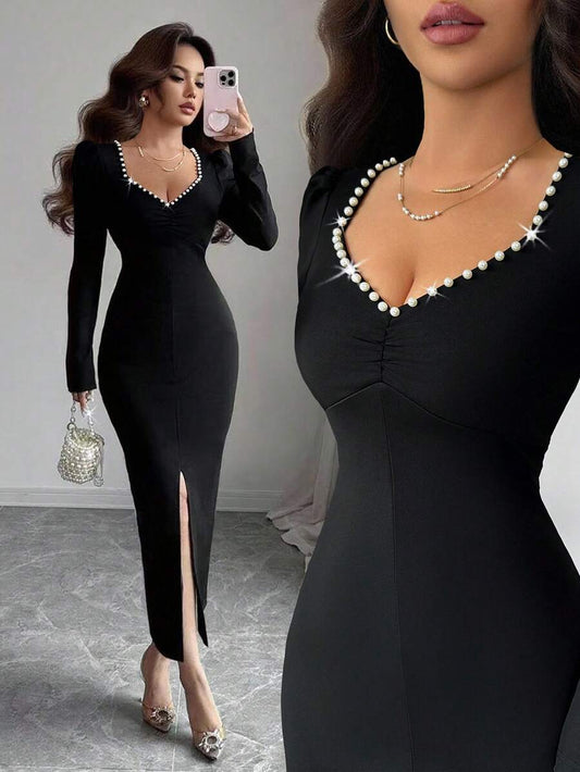 SHEIN Elenzga فستان اسود بأكمام طويلة بياقة من اللؤلؤ