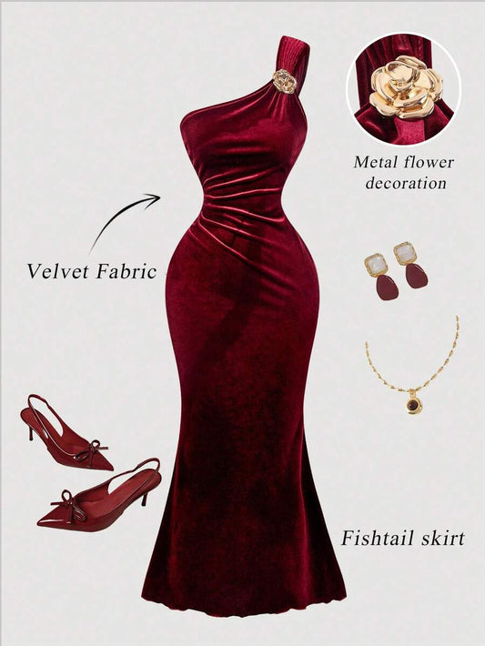 SHEIN MOD فستان ماكسي أنيق بكتف واحد وكشكشة
