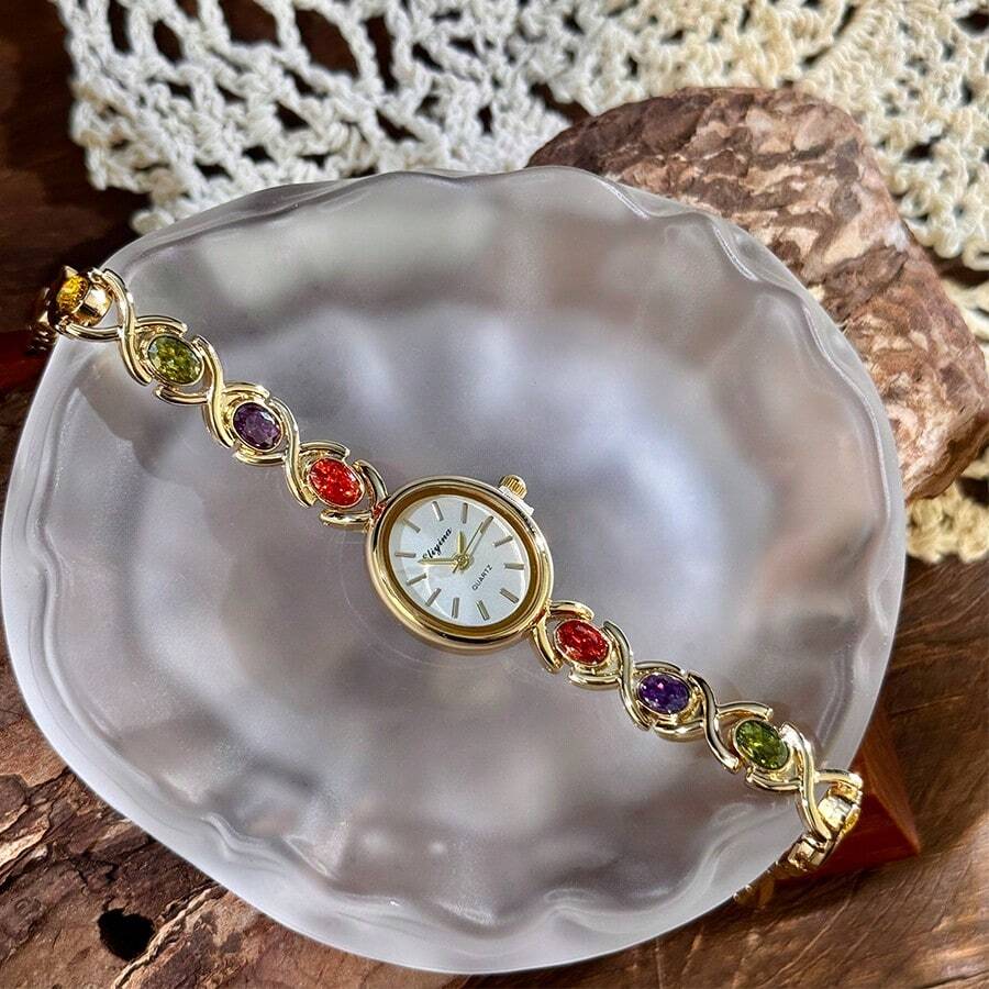SHEIN ساعة كوارتز نسائية فاخرة بسلسلة ملونة وأحجار كريمة بيضاوية