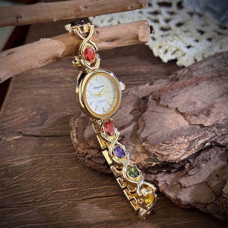 SHEIN ساعة كوارتز نسائية فاخرة بسلسلة ملونة وأحجار كريمة بيضاوية