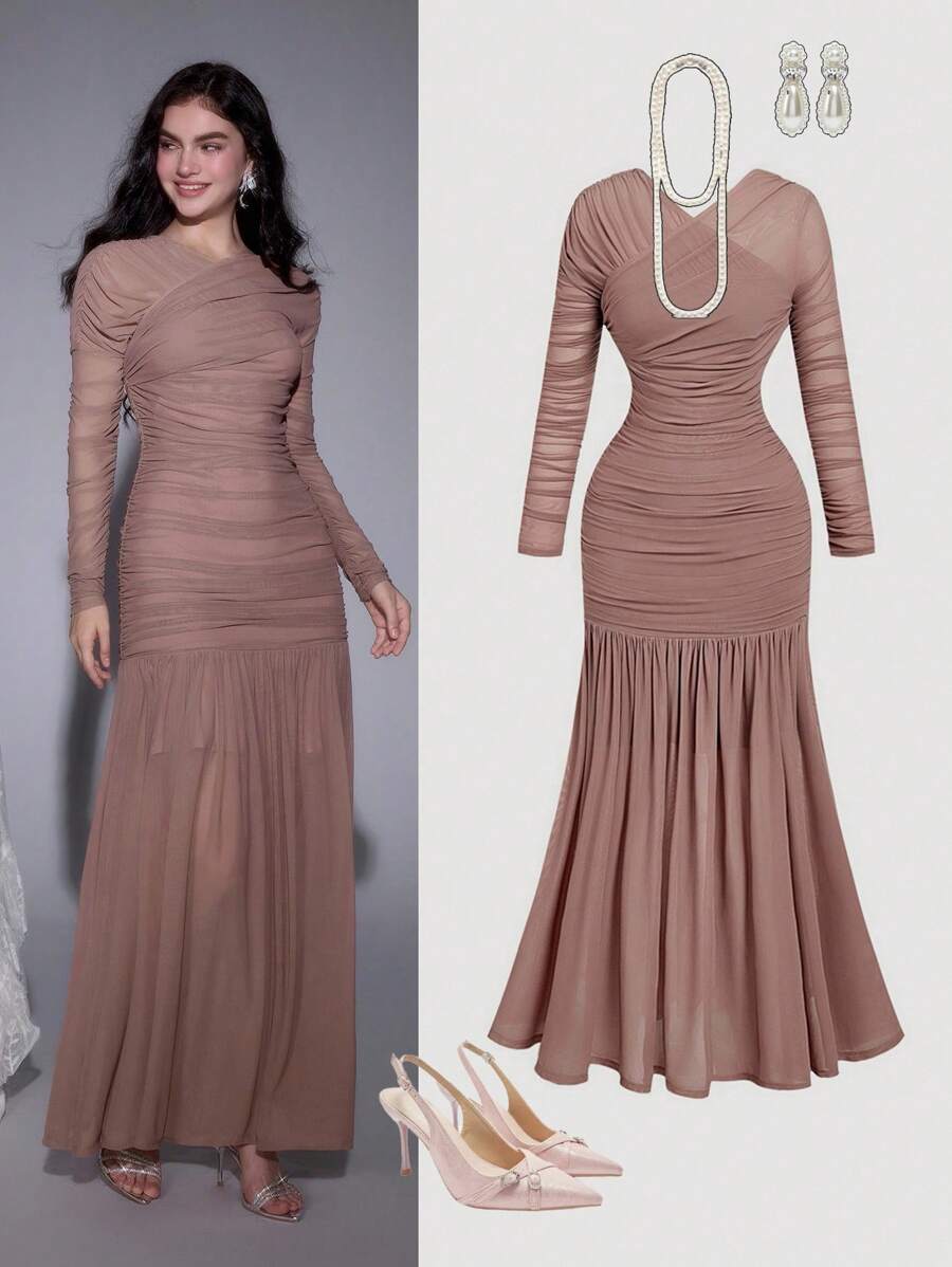 SHEIN MOD فستان ماكسي لامع بأكمام طويلة وكشكشة وذيل أمواج