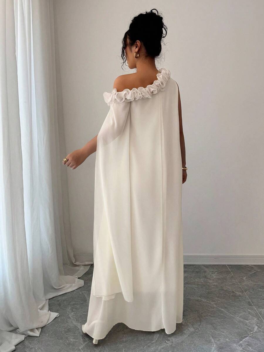 SHEIN Elenzga فستان بلون مشمشي بدون أكمام بتصميم كشكش