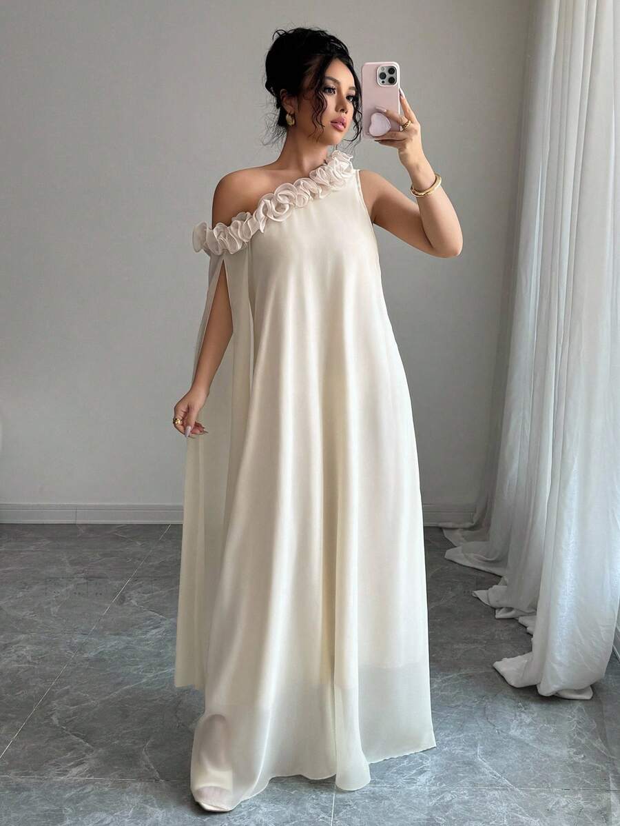 SHEIN Elenzga فستان بلون مشمشي بدون أكمام بتصميم كشكش