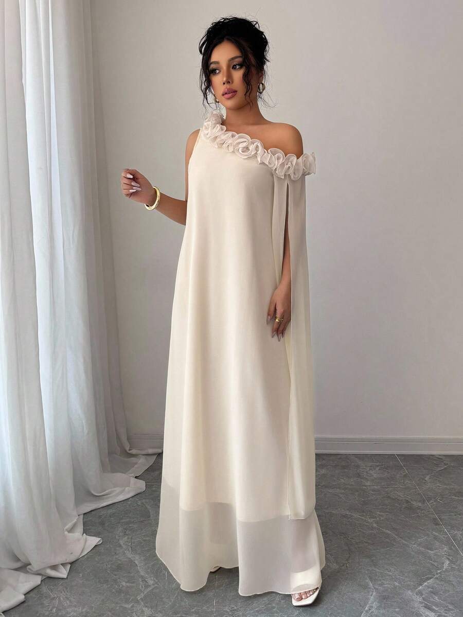 SHEIN Elenzga فستان بلون مشمشي بدون أكمام بتصميم كشكش