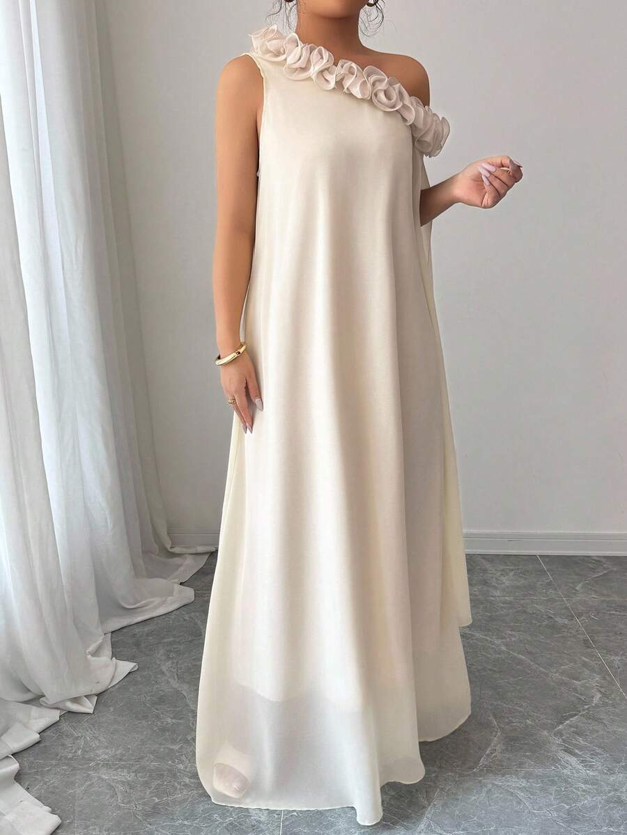 SHEIN Elenzga فستان بلون مشمشي بدون أكمام بتصميم كشكش