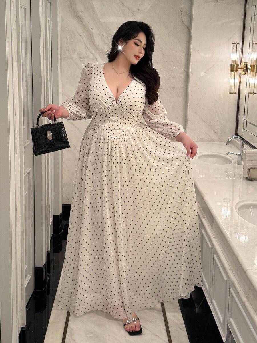SHEIN Vibekara فستان ماكسي شيفون للمقاس الكبير بطبعة زهور بربطة عنق