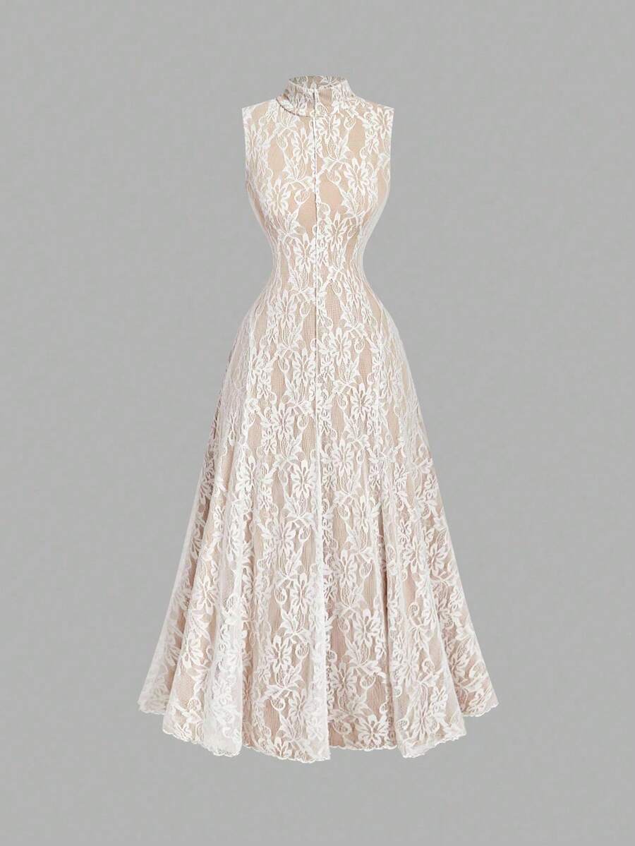 SHEIN MOD فستان شيفون بأكمام واسعة وياقة منتصبة من الدانتيل بلون مشمشي