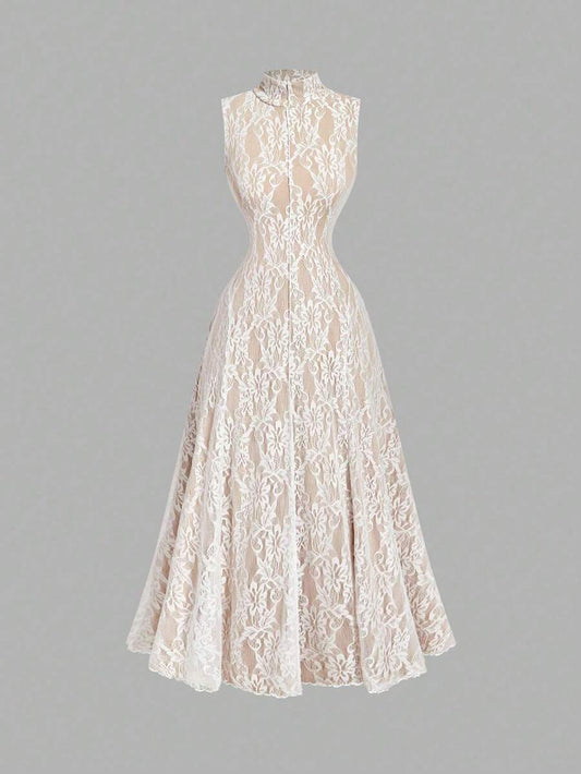 SHEIN MOD فستان شيفون بأكمام واسعة وياقة منتصبة من الدانتيل بلون مشمشي