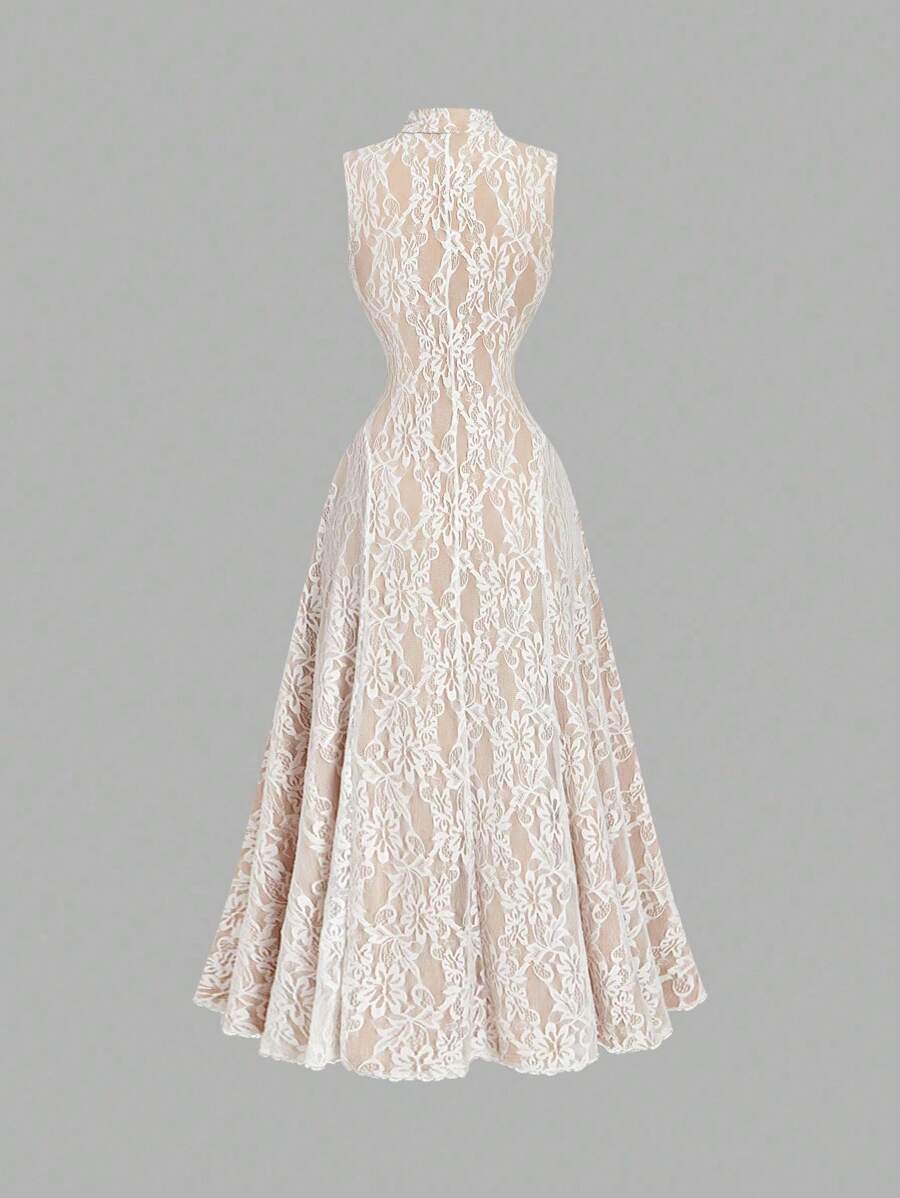 SHEIN MOD فستان شيفون بأكمام واسعة وياقة منتصبة من الدانتيل بلون مشمشي