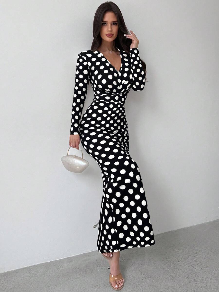 SHEIN Firerie فستان ماكسي بنقشة بولكا دوت وأكمام طويلة