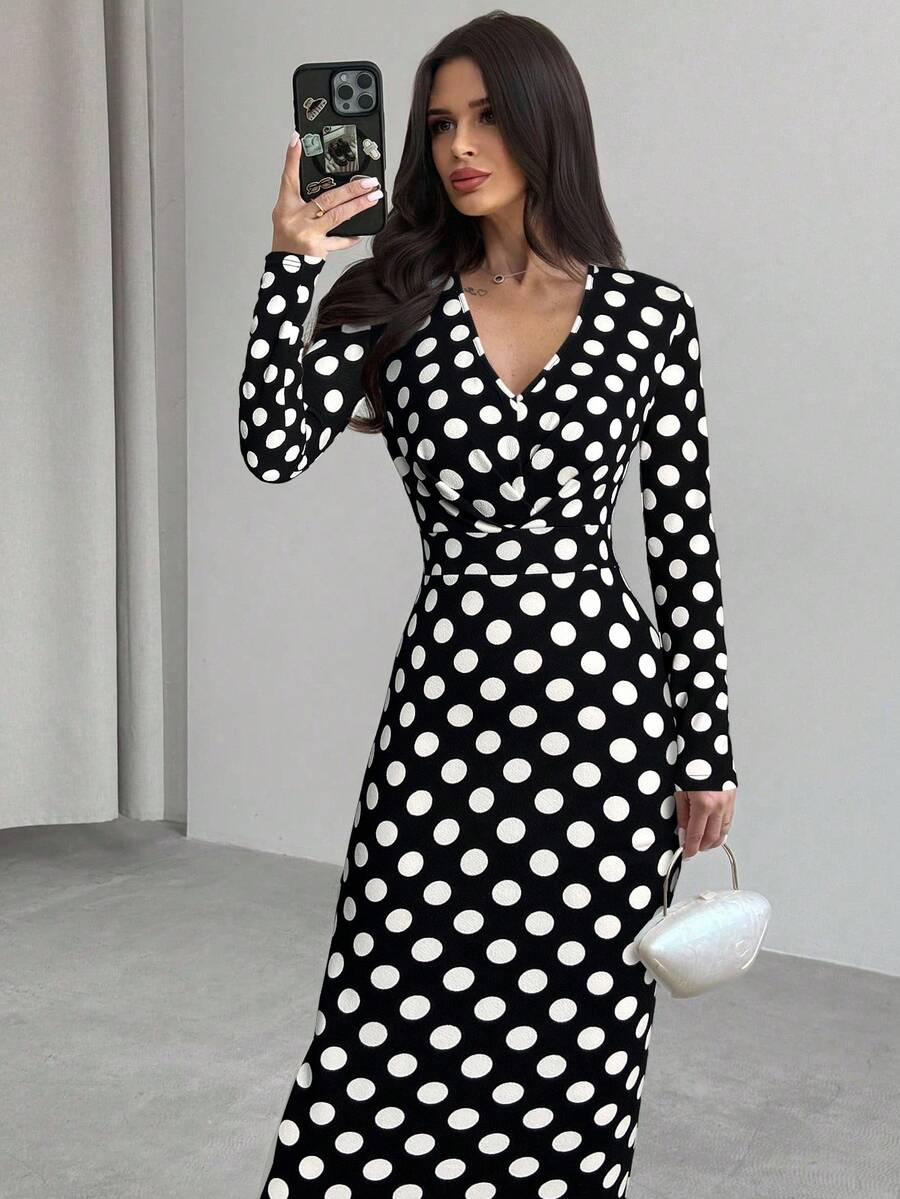 SHEIN Firerie فستان ماكسي بنقشة بولكا دوت وأكمام طويلة