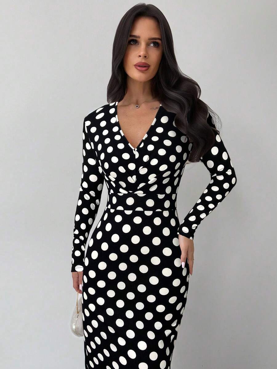 SHEIN Firerie فستان ماكسي بنقشة بولكا دوت وأكمام طويلة