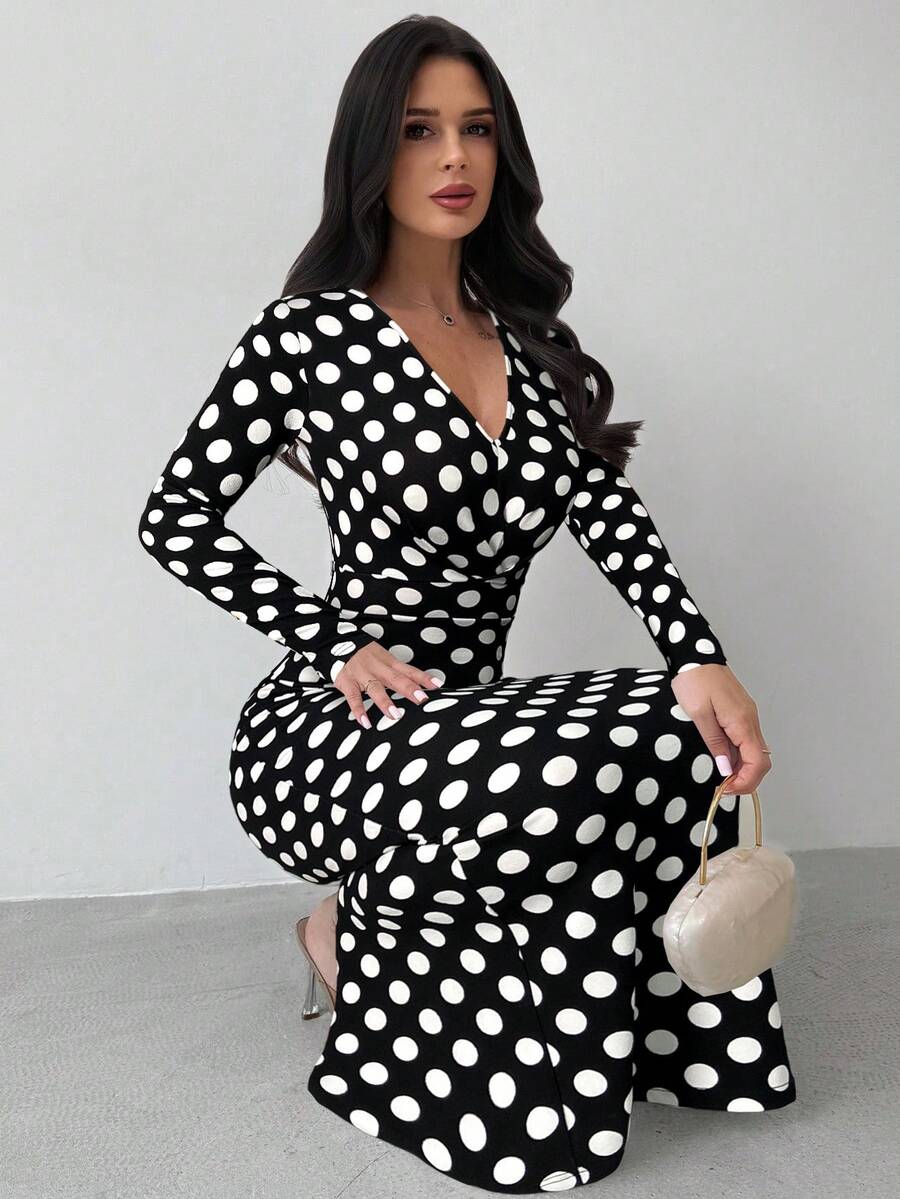 SHEIN Firerie فستان ماكسي بنقشة بولكا دوت وأكمام طويلة