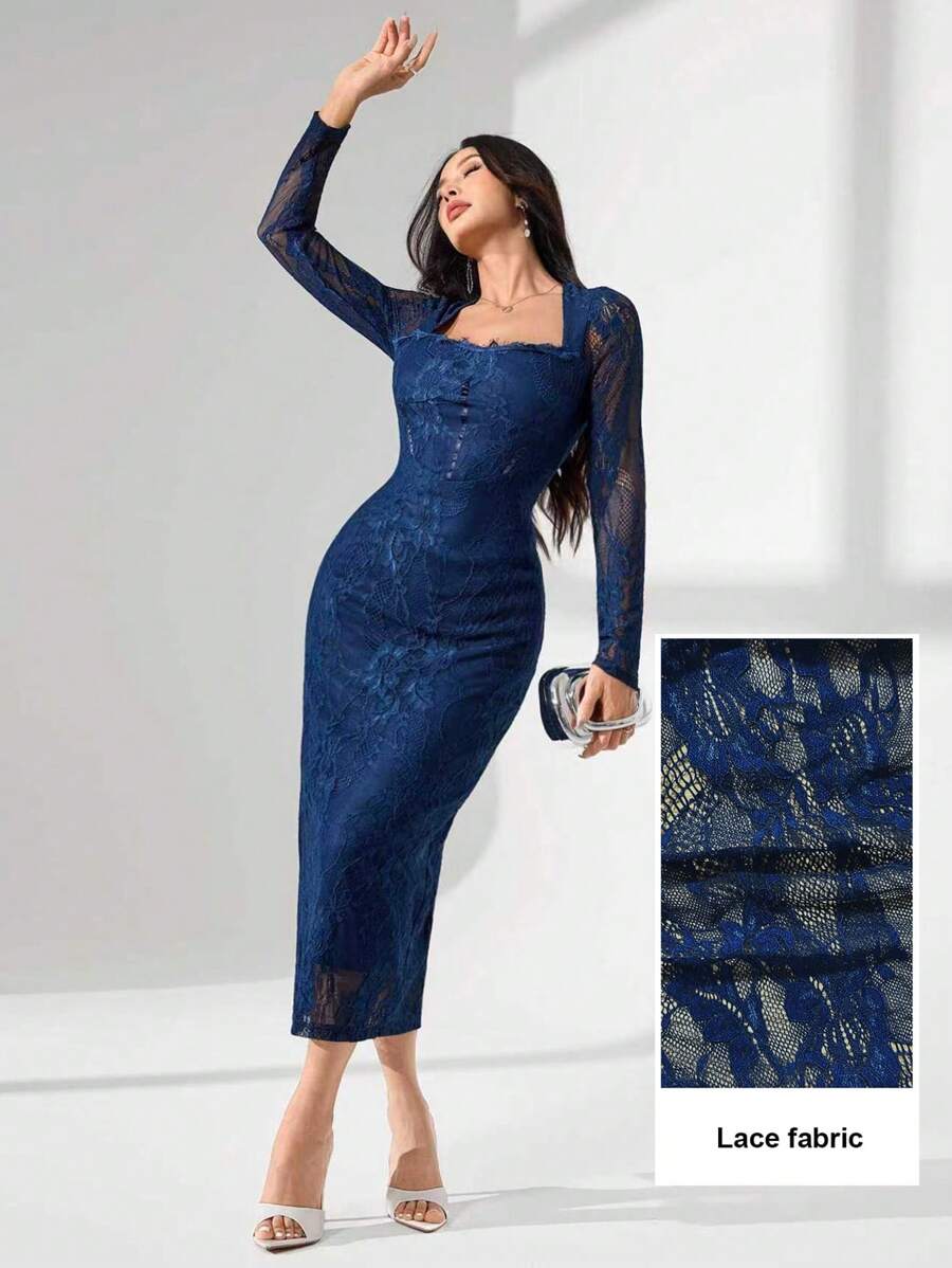 SHEIN Modelyn فستان أزرق بأكمام طويلة وياقة دانتيل