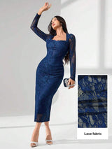 SHEIN Modelyn فستان أزرق بأكمام طويلة وياقة دانتيل