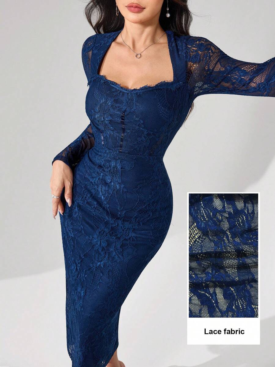 SHEIN Modelyn فستان ازرق بأكمام طويلة وياقة دانتيل