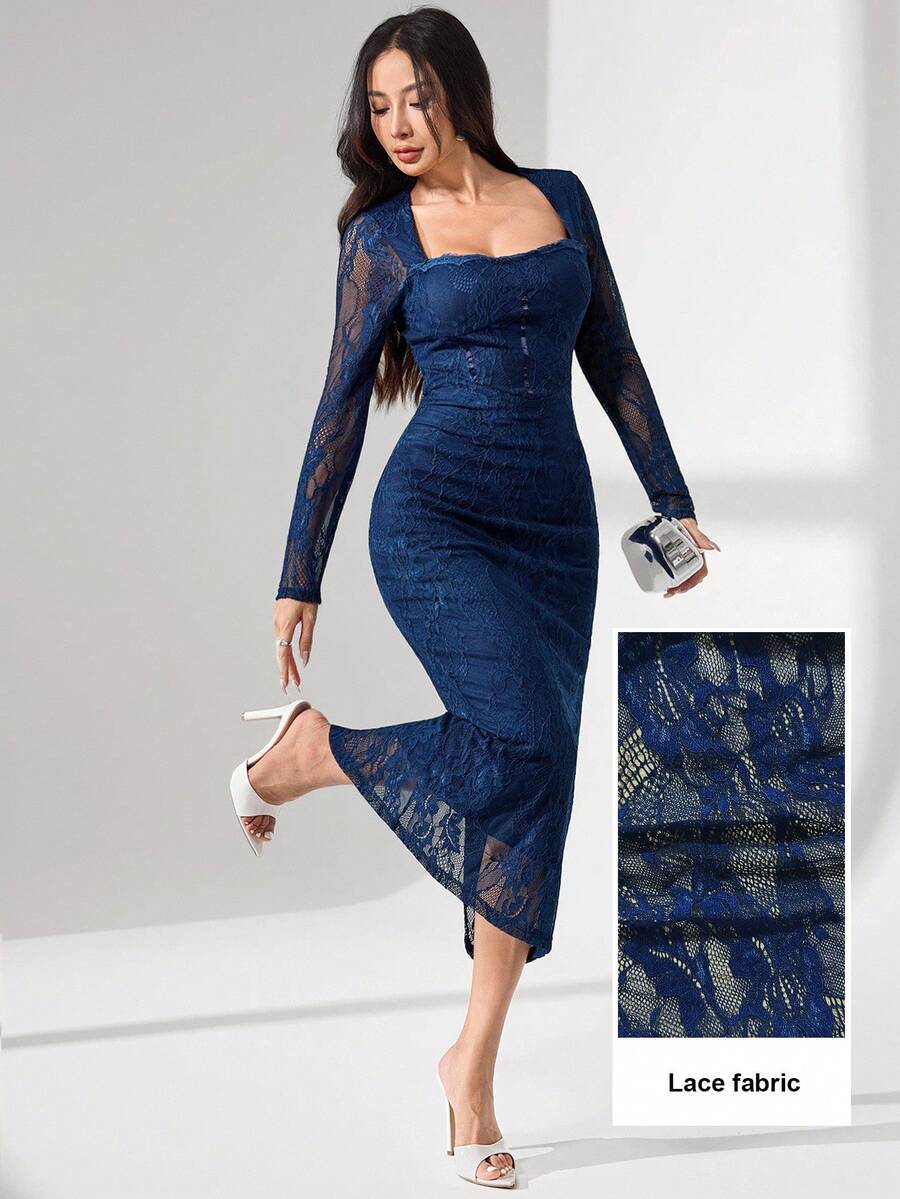 SHEIN Modelyn فستان أزرق بأكمام طويلة وياقة دانتيل