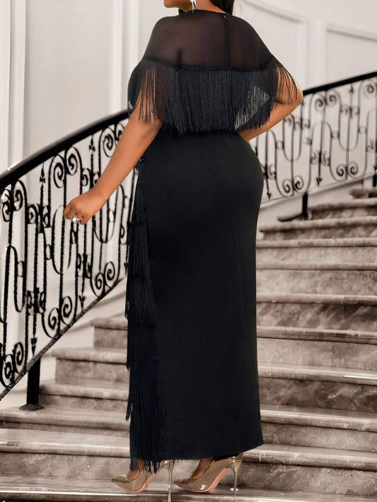 SHEIN Fleurora فستان أسود أنيق بياقة مستديرة  شبك وشراشيب للمقاسات الكبيرة