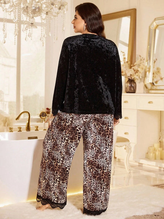 SHEIN LuxeNights طقم بيجامة مخمل ودانتيل بأكمام طويلة