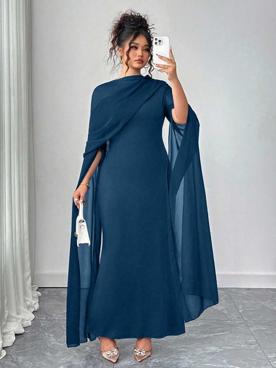 SHEIN Elenzga عباءة أنيقة من الشيفون الأزرق الداكن بمقاسات كبيرة