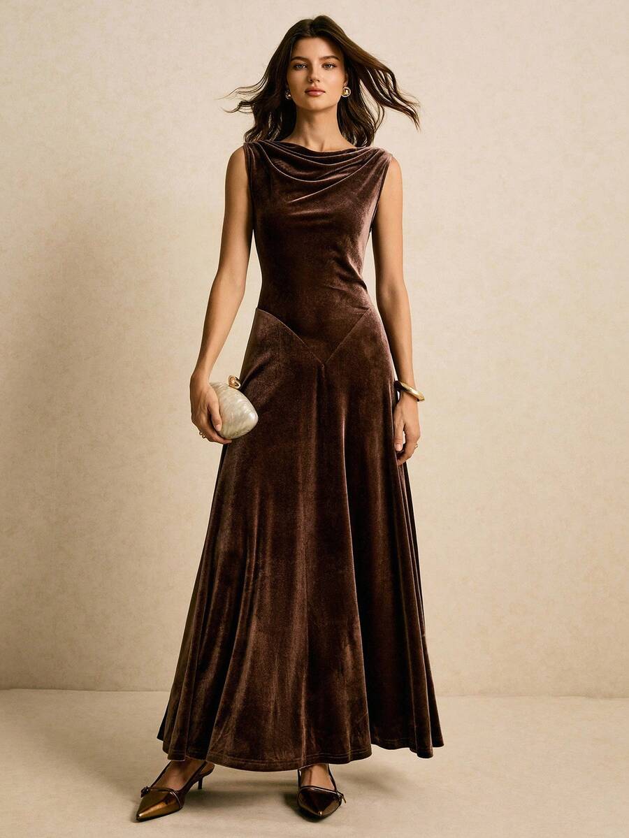 SHEIN Poéselle فستان بني أنيق بياقة عميقة وبدون أكمام