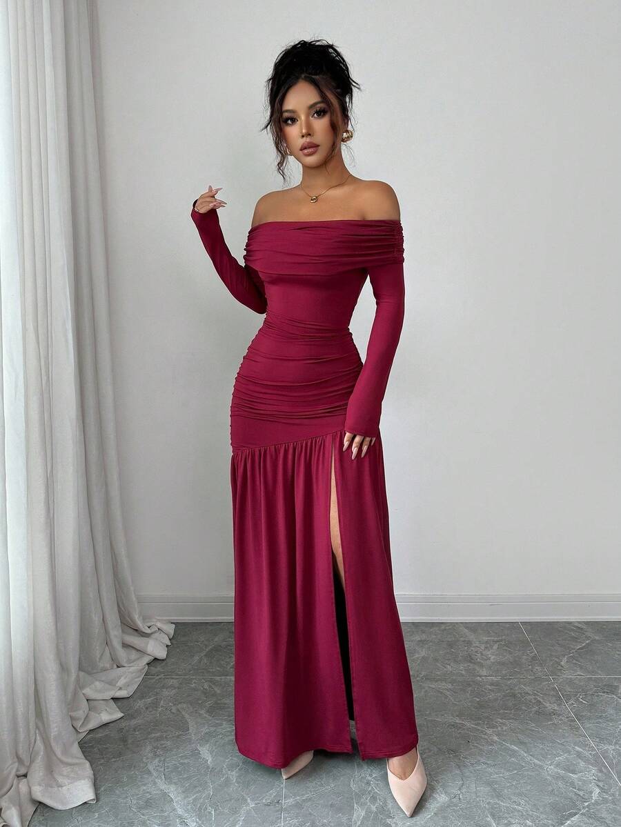SHEIN Elenzga فستان عنابي محبوك بأكمام طويلة وياقة مكشوفة وشق جانبي