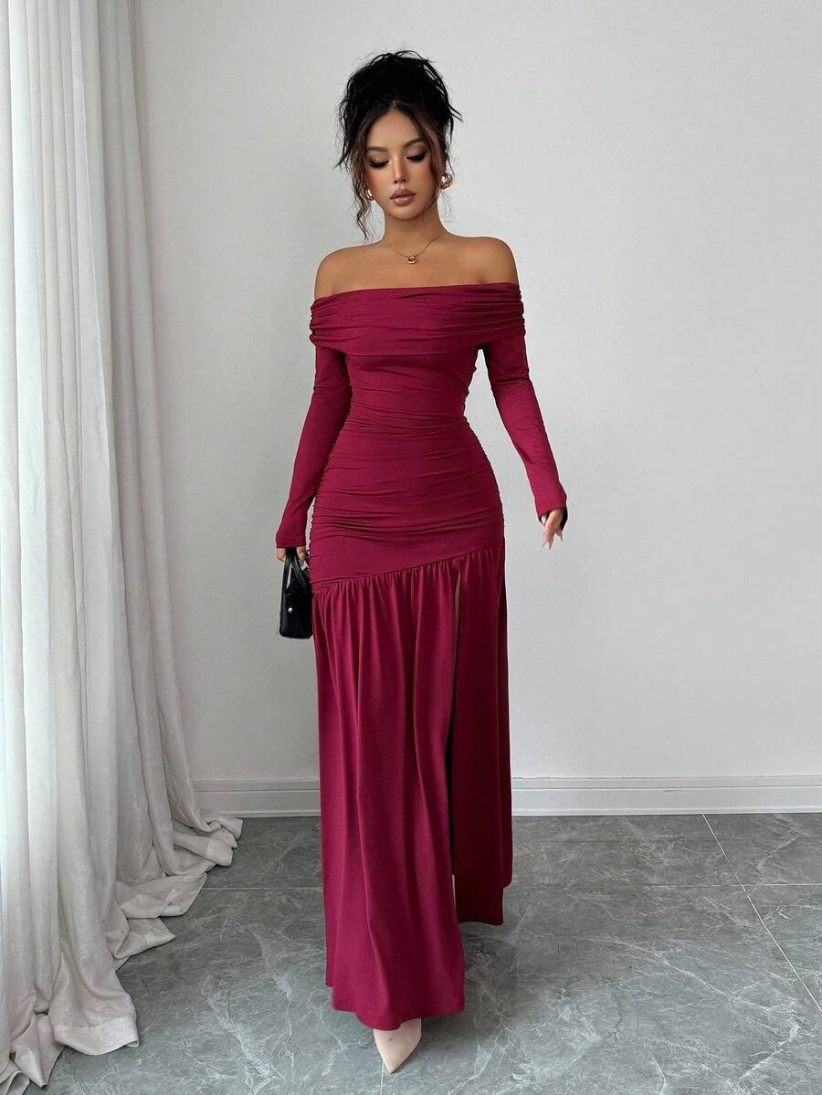 SHEIN Elenzga فستان عنابي محبوك بأكمام طويلة وياقة مكشوفة وشق جانبي