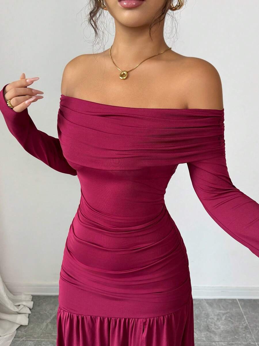 SHEIN Elenzga فستان عنابي محبوك بأكمام طويلة وياقة مكشوفة