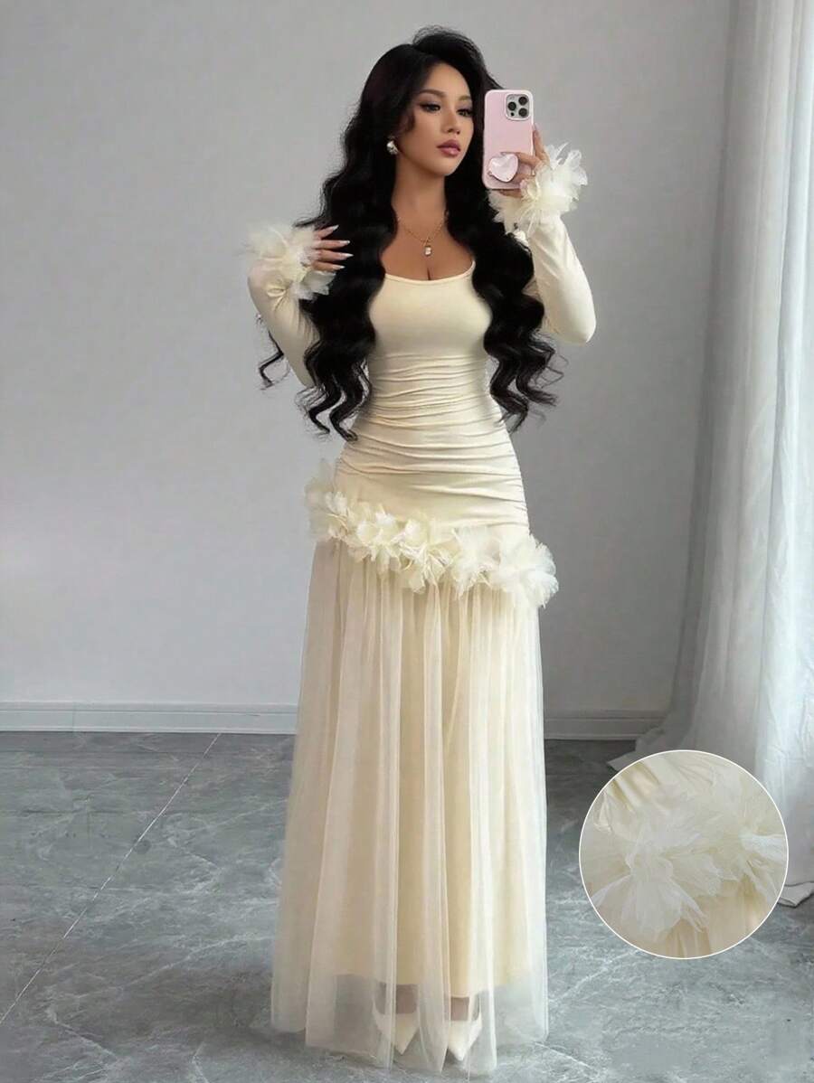 SHEIN Elenzga فستان متوسط الطول بأكمام طويلة وتطريز دانتيل