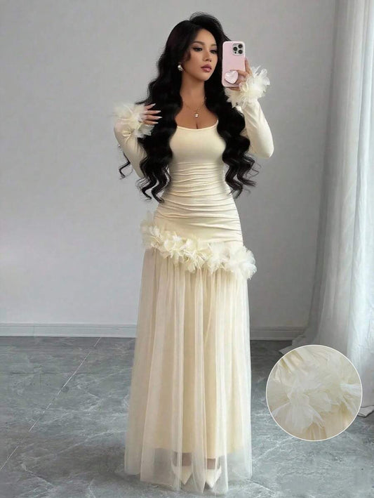 SHEIN Elenzga فستان متوسط الطول بأكمام طويلة وتطريز دانتيل