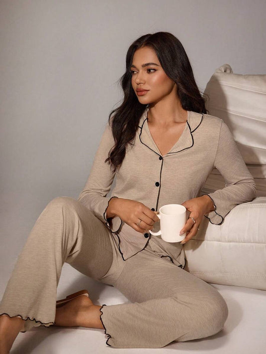 SHEIN Lazeform طقم بيجامة قطعتين بلون كاكي