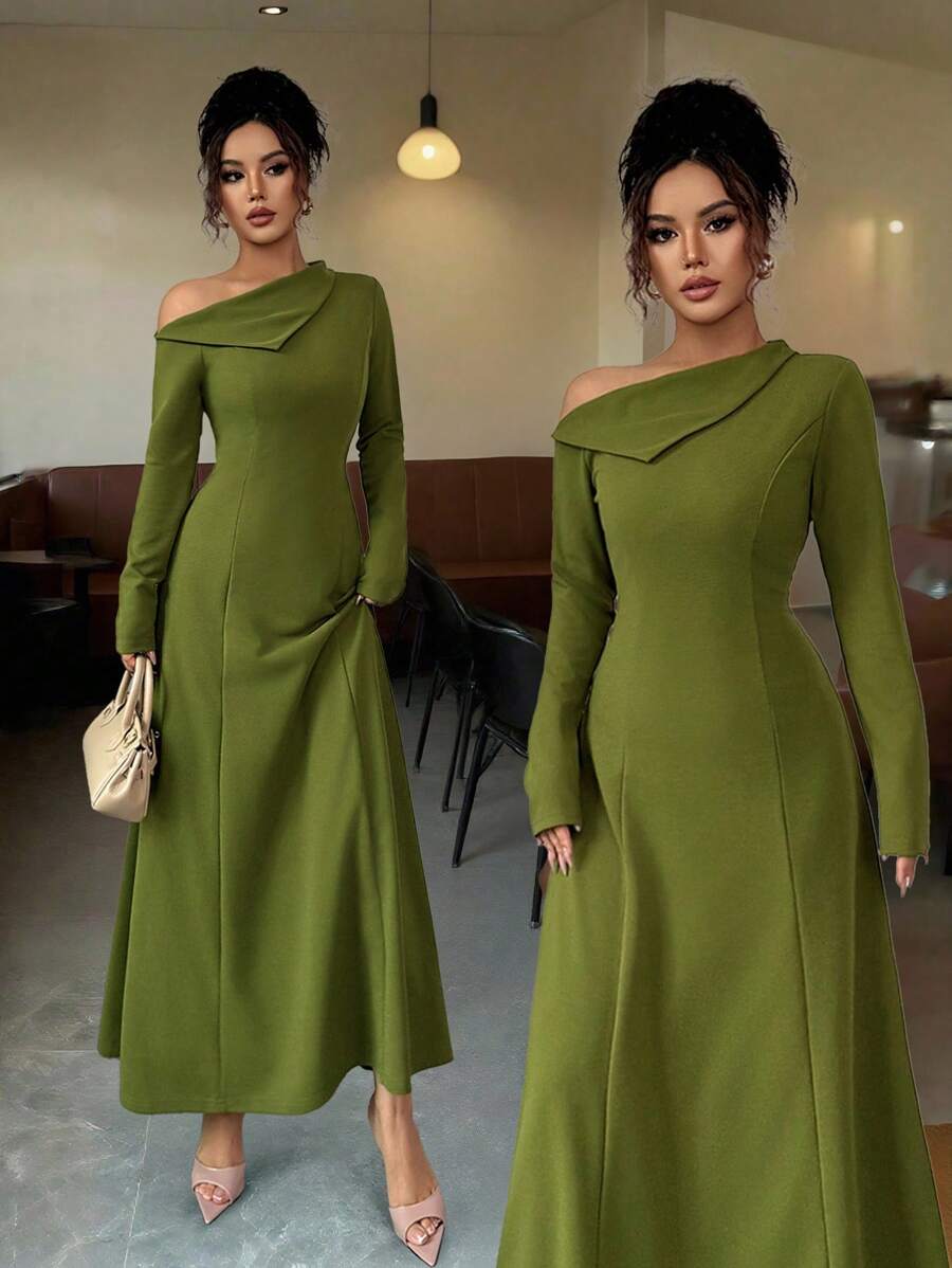 SHEIN Elenzga فستان اخضر طويل بخصر مربوط وكتف مكشوف