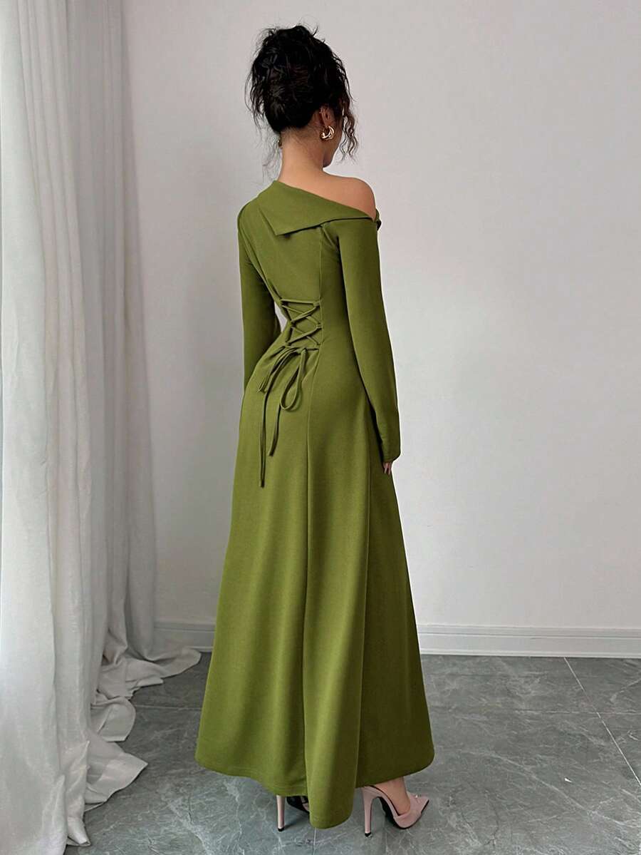 SHEIN Elenzga فستان اخضر طويل بخصر مربوط وكتف مكشوف