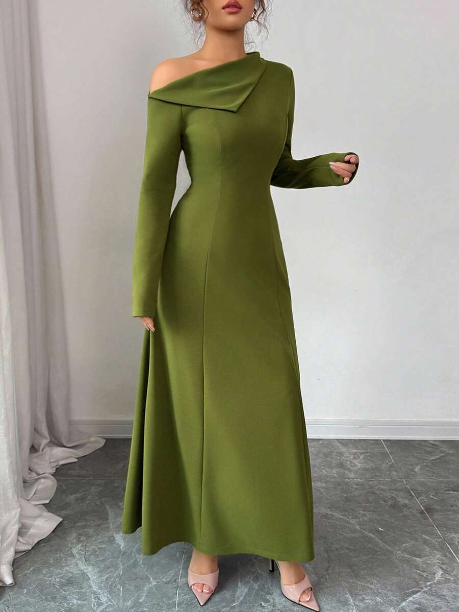 SHEIN Elenzga فستان اخضر طويل بخصر مربوط وكتف مكشوف