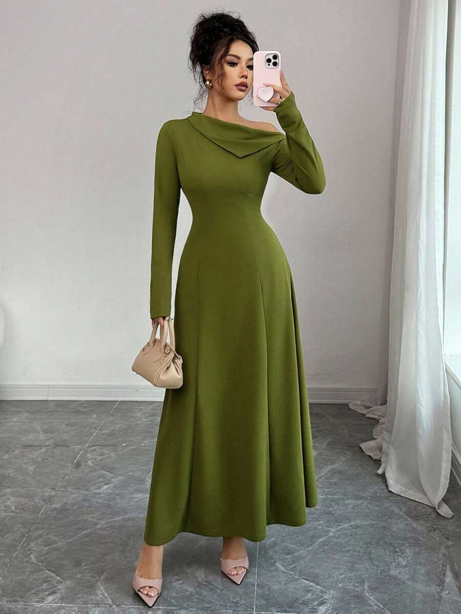 SHEIN Elenzga فستان اخضر طويل بخصر مربوط وكتف مكشوف