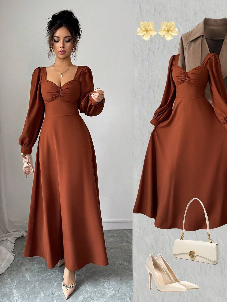 SHEIN Elenzga فستان ماكسي بني بياقة مربعة وأكمام منتفخة