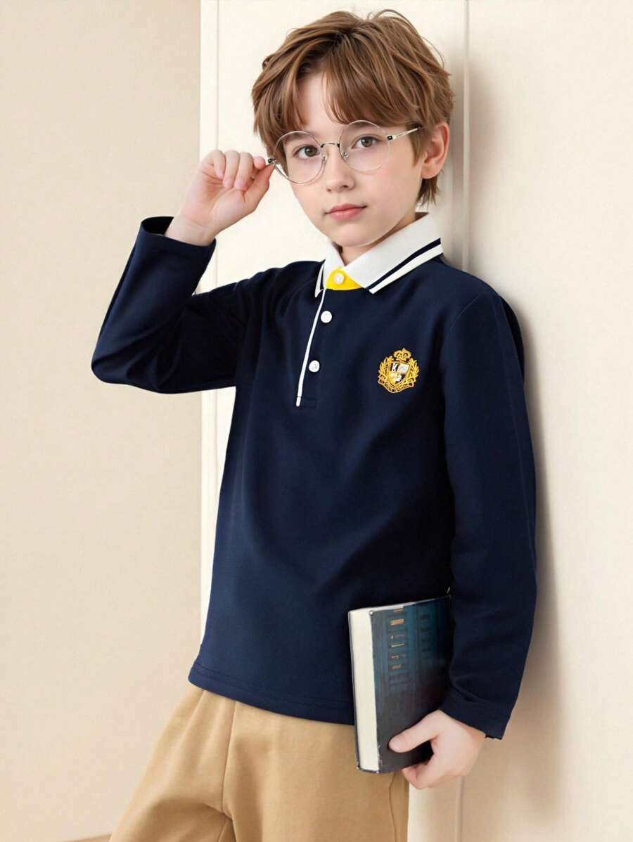 SHEIN قميص بولو أولادي كاجوال بأكمام طويلة وياقة