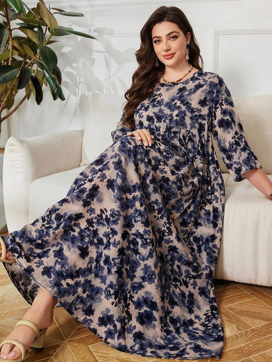 SHEIN Lacomfia فستان فضفاض للمقاسات الكبيرة بطبعة زهور وأكمام 3/4 بطراز عربي
