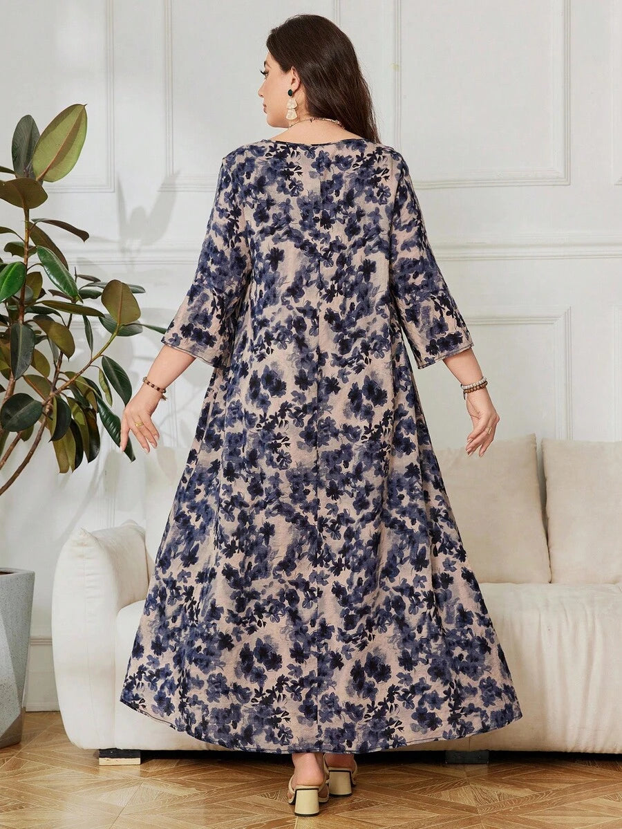 SHEIN Lacomfia فستان فضفاض للمقاسات الكبيرة بطبعة زهور وأكمام 3/4 بطراز عربي