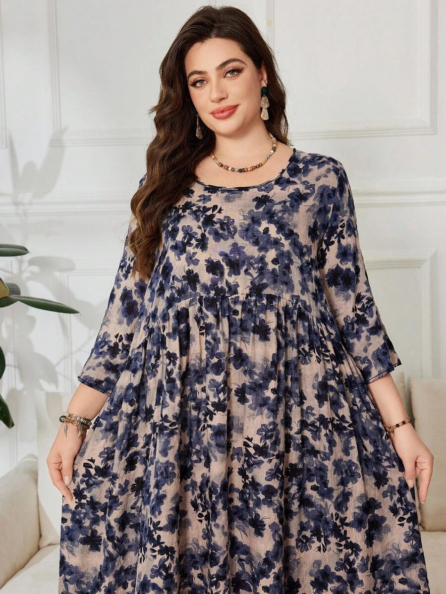 SHEIN Lacomfia فستان فضفاض للمقاسات الكبيرة بطبعة زهور وأكمام 3/4 بطراز عربي