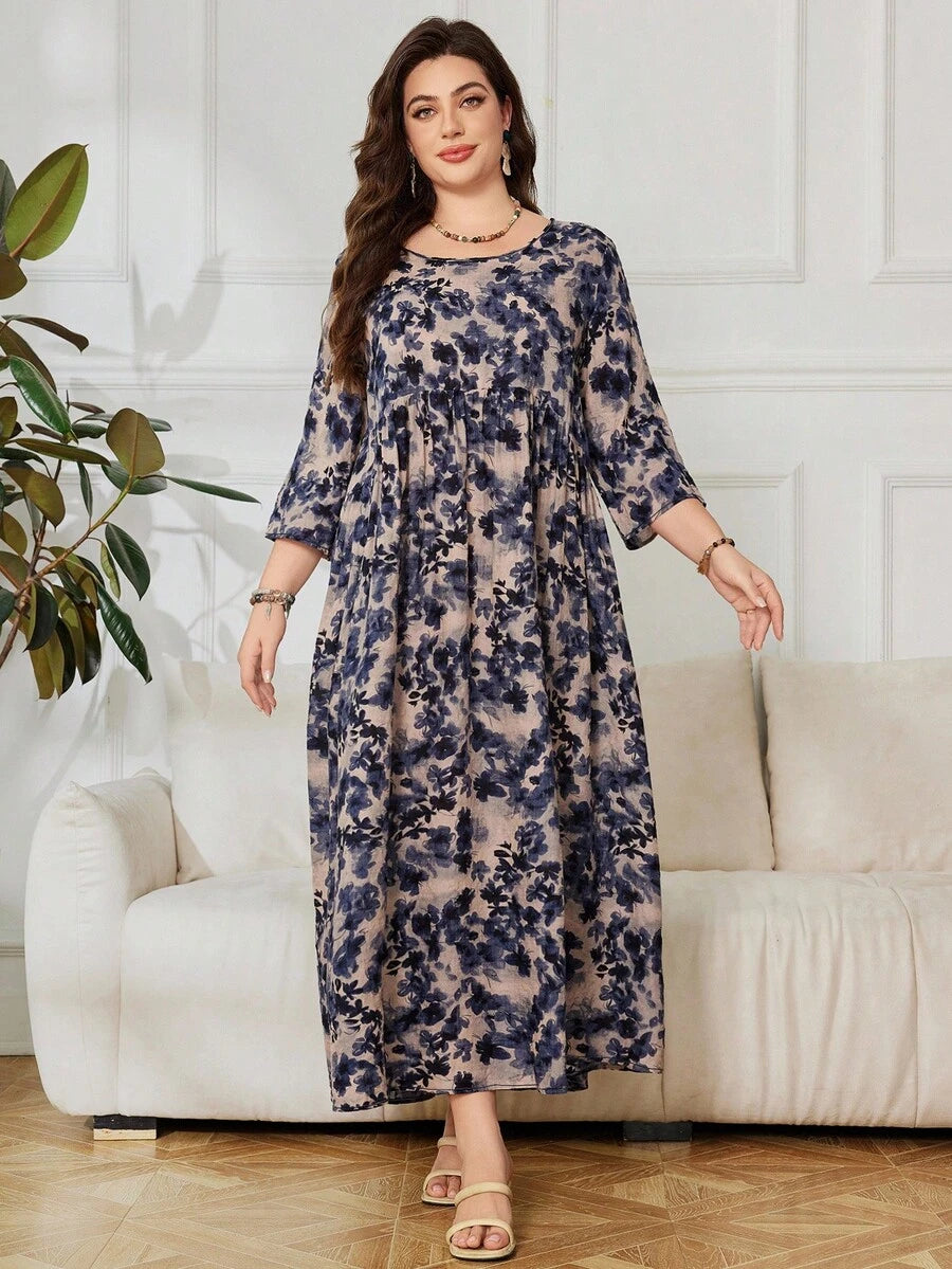 SHEIN Lacomfia فستان فضفاض للمقاسات الكبيرة بطبعة زهور وأكمام 3/4 بطراز عربي