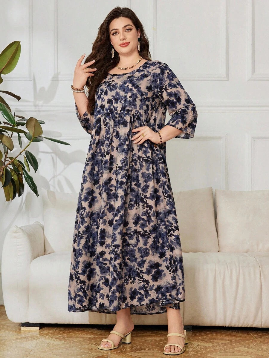 SHEIN Lacomfia فستان فضفاض للمقاسات الكبيرة بطبعة زهور وأكمام 3/4 بطراز عربي