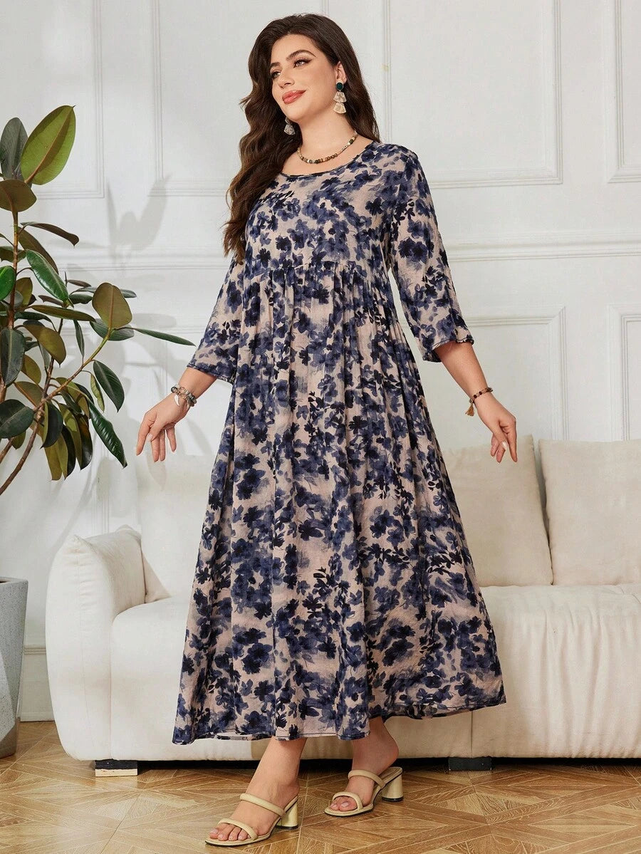 SHEIN Lacomfia فستان فضفاض للمقاسات الكبيرة بطبعة زهور وأكمام 3/4 بطراز عربي