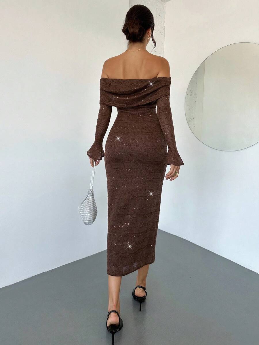 SHEIN Firerie فستان بني بكتف مكشوف ومزين بالترتر