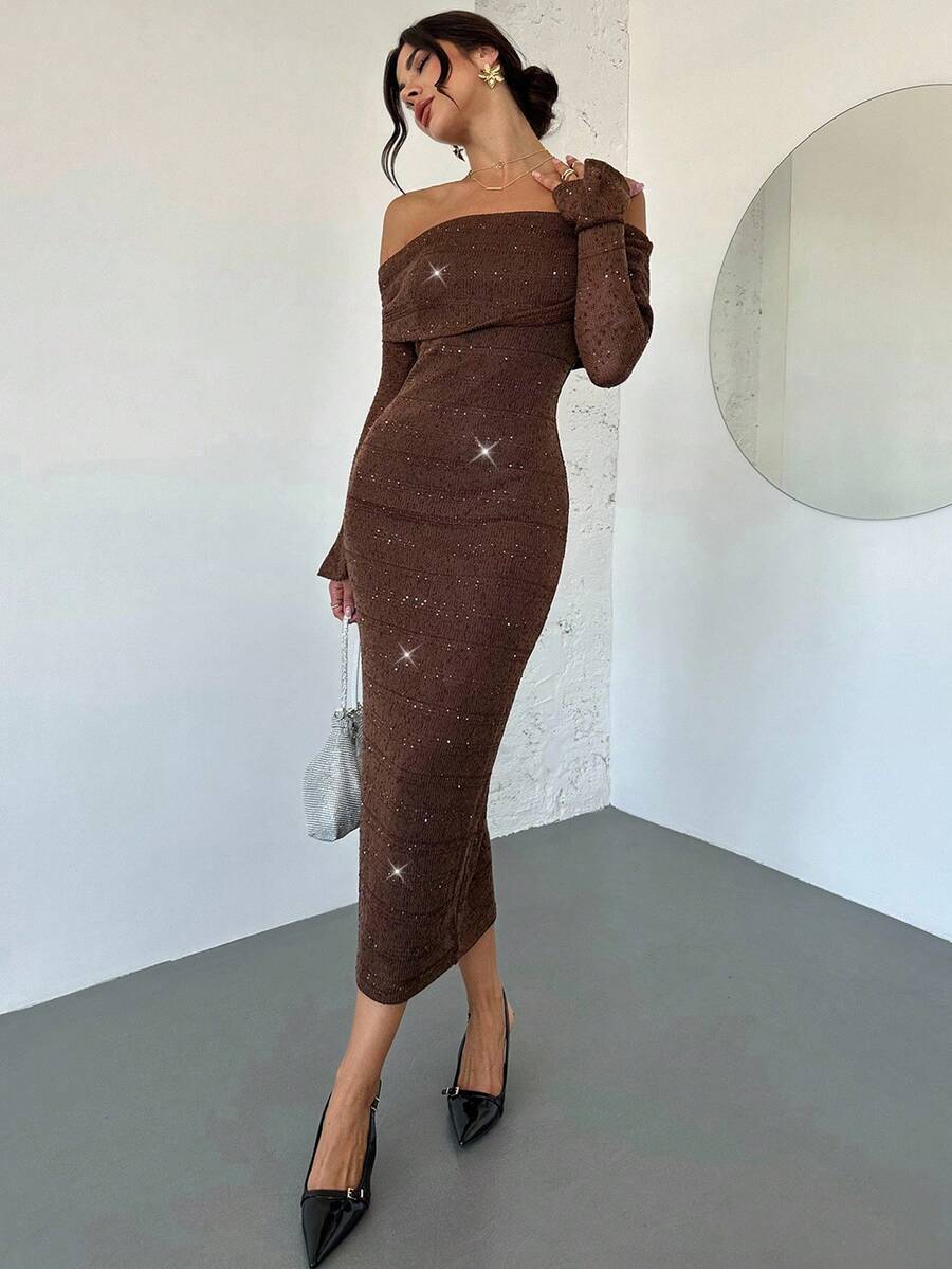 SHEIN Firerie فستان بني بكتف مكشوف ومزين بالترتر